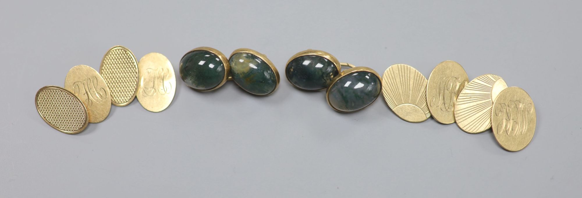 A pair of 1960s 9ct gold and moss agate set oval cufflinks & 2 pairs of 9ct gold cufflinks.